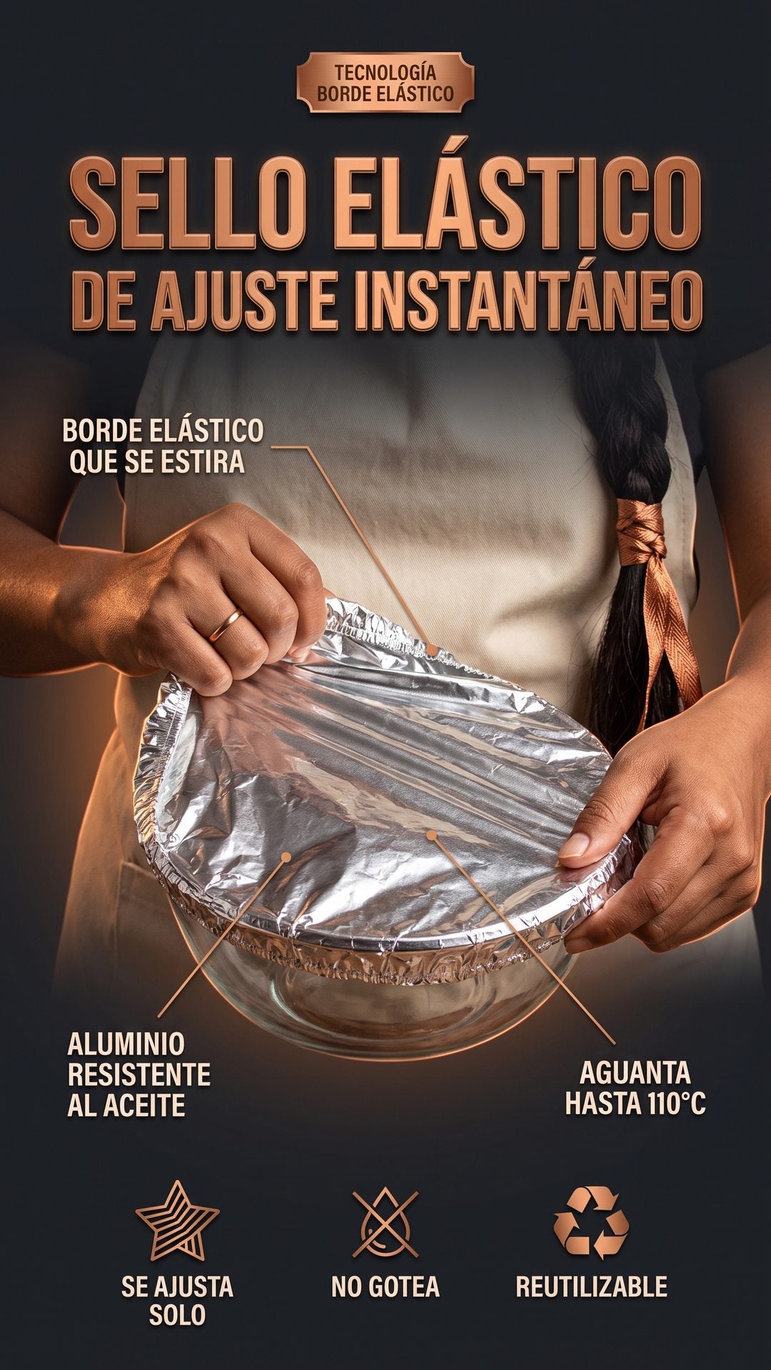 Detalle del borde elástico de la tapa de aluminio reutilizable AluTap estirándose sobre un bol de vidrio