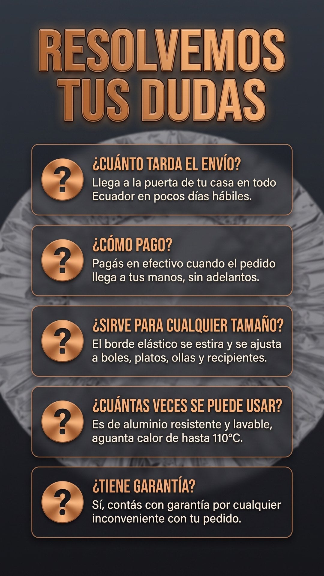 Preguntas frecuentes sobre envío, pago contra entrega, tamaños y garantía de las tapas de aluminio reutilizables AluTap